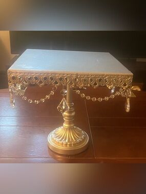 Silver shabby chic Pedestal Cake Stand with Crystal prisms